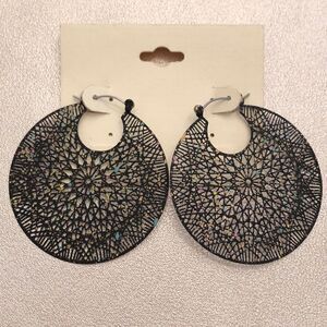 Black Filigree Hoops | Black with Multicolored Flecks | 2” Diameter